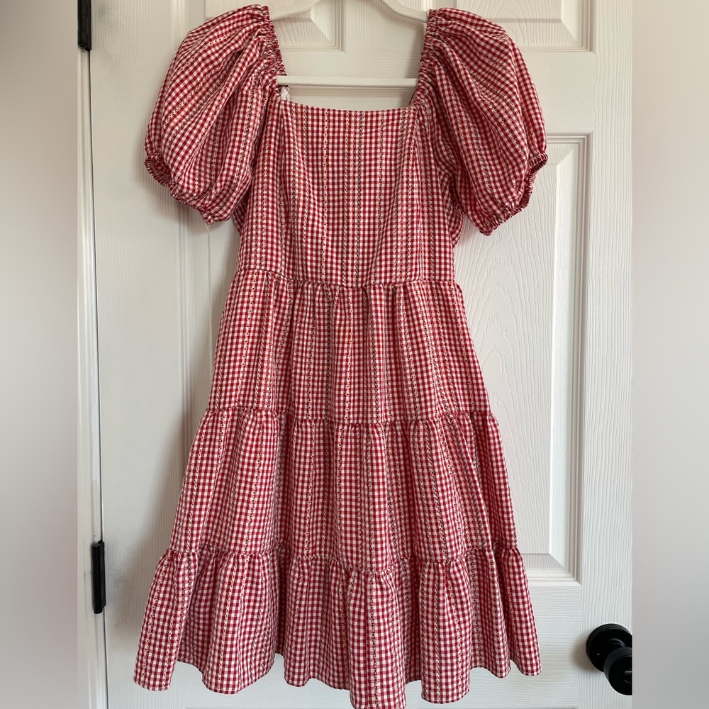 Chelsea & Violet Red Gingham Puff Sleeve Midi Dress Size Small Cottagecore Tie